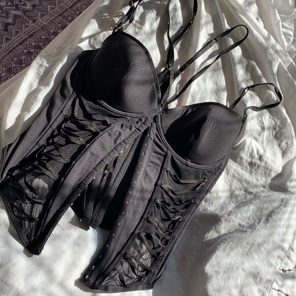 Vintage 90's black push up underwire lace up boned corset bustier top L - Picture 8 of 15